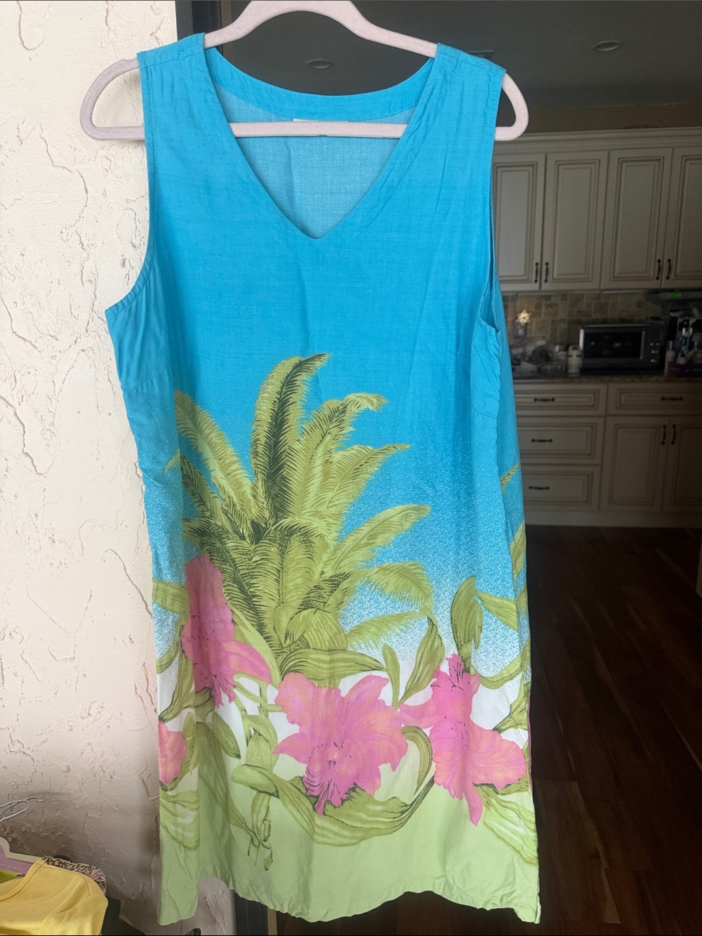 Sleeveless Tropical Blue Midi Dress with Pink Floral Border